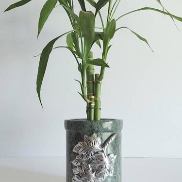 Vintage Hand Carved Serpentine Jasper Gemstone & Metal Leaf Relief Vase Planter Candle Holder 6&quot; 