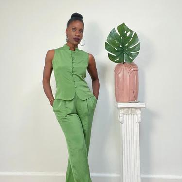 Vintage 1980s 1990s 90s Green Silk Pants Suit Set Vest High Waist Pleat Front Mock Neck Sleeveless Bright Two Piece Small  Petite 