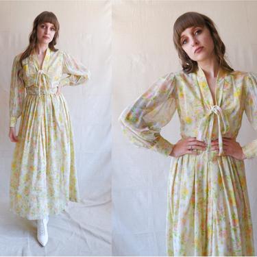 Vintage 60s 70s Floral Dressing Gown/ 1960s Balloon Sleeve Cotton Voile Maxi Dress/ Size Small 