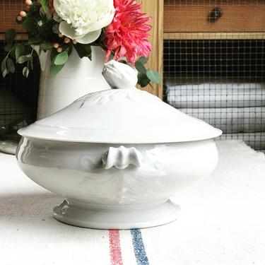 Beautiful pure white vintage French ironstone vegetable tureen with artichoke handle- TAH 