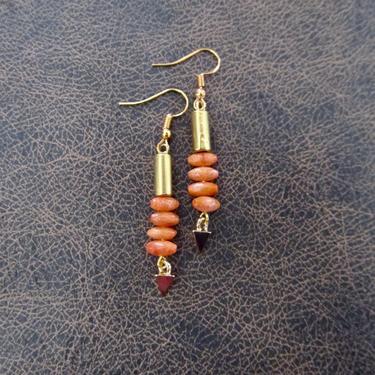 Orange coral earrings, industrial earrings, unique brass modern earrings, boho bohemian artisan earrings, ornate contemporary earrings 