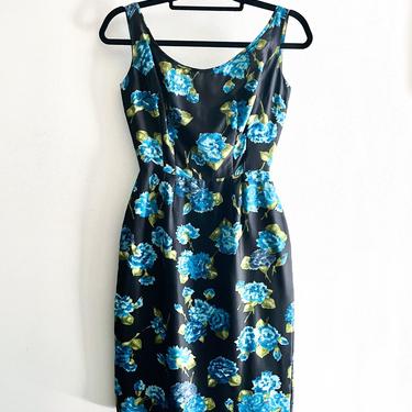 1960s vintage silk cocktail dress * blue + black floral print * b37 w24.5 h37 * 1950s 5S803 
