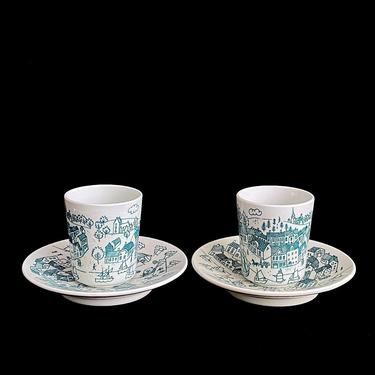 Vintage Mid Century Danish Modern PAIR of Ceramic Cups and Saucers Nymolle Denmark Hoyrup Limited Edition Danish Design Landscape &amp; Seascape 