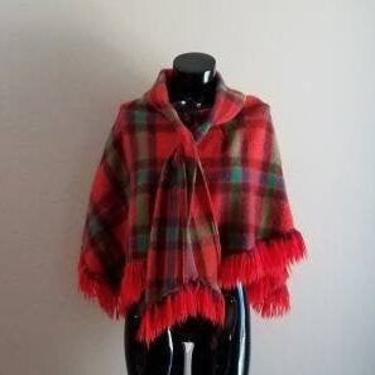 Vintage 60s Pioneer Wear Albuquerque New Mexico Tie Front Fringed Tartan Red Plaid Wool Poncho 60's Mod Fashion 