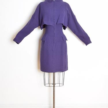 vintage 80s dress COURREGES purple wool caplet zip up space age futuristic M clothing 