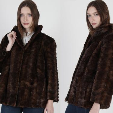 Feathered Dark Brown Mink Fur Coat / Vintage 70s Real Fur Cropped Jacket / Patchwork Full Collar Jacket With Pockets 
