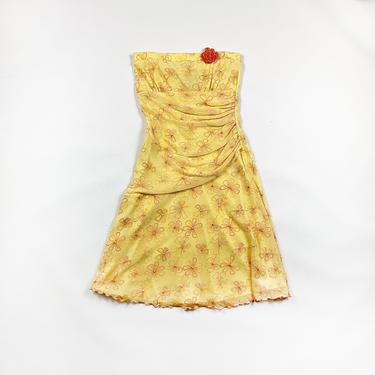 90s y2k Yellow and Orange Daisy Tube Dress / Wavy Hem / Drop Waist / Asymmetrical / Ruching / Gathered / Medium / Simple Life / 00s / M / 