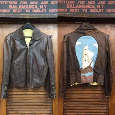 Vintage 1960’s “Gandalf” Brand Pirate Ship Appliqué Leather Jacket, Vintage Top, 60’s Era Style, Nautical, Vintage Clothing 