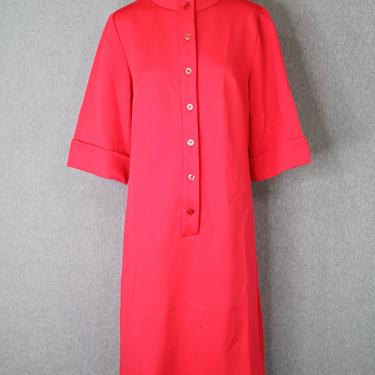 1970s Hot Coral Shirtdress - Mid Century Mod - Retro - Double Knit - Neon Orange - Day Dress 