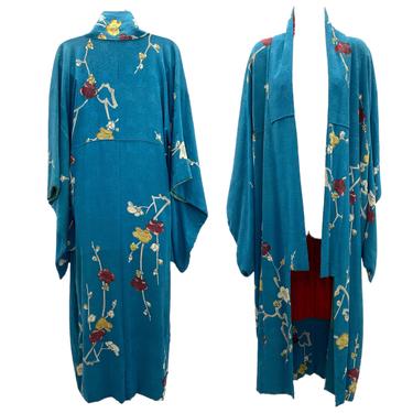 Vtg Vintage 1950s 50s Blue Cherry Blossom Print Red Lined Silk Kimono Robe 
