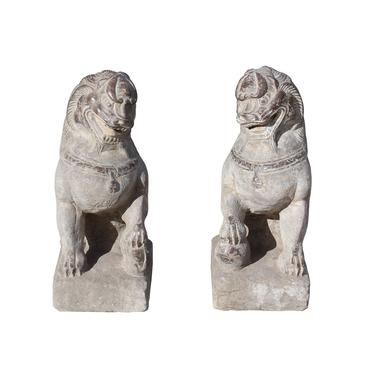 Chinese Small Pair Distressed Gray Stone Fengshui Foo Dog Statues cs5573E 