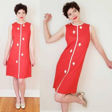 1960s Red Shift Dress White Diamonds Embroidery / 60s Sleeveless Summer Mod Dress / M / Rosalie 