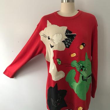 90s ICEBERG red CATS PILLS embroidered raver sweater top vintage 1990 Ritual Vintage Little Italy New York NY