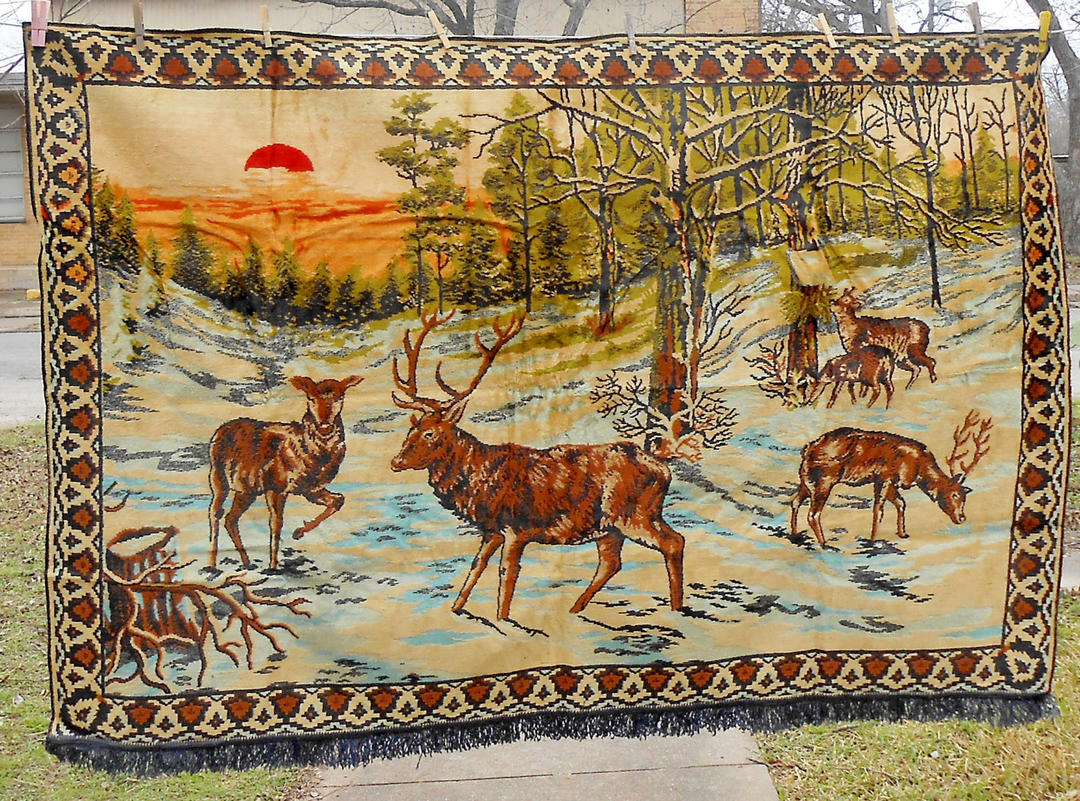 Vintage Deer Tapestry Winter Snow Woods Scene Wall Hanging sale Rug 75 x 48 Buck Doe