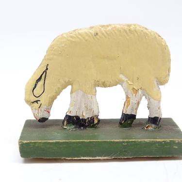 Antique German Wooden Sheep on Wood Stand, Hand Painted Stand Up Toy for  Christmas Nativity or Putz 