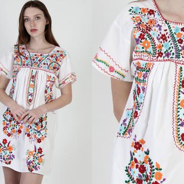 Traditional White Cotton Mexican Mini Dress / Vintage 70s Authentic Dress From Mexico / Bright Floral Fiesta Hand Embroidered Dress 