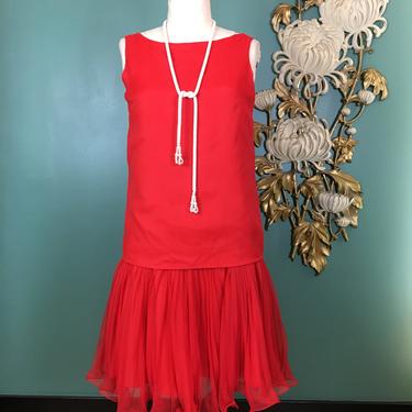 1960s drop waist dress, vintage 60s dress, red chiffon dress, eve le coq, flapper dress, 80s does 20s, 1920s style dress, ruffled hem, 34 