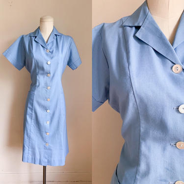 Vintage 1960s Blue Nurse / Waitress Uniform Dress // L 