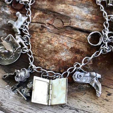 Vintage Sterling Silver Charm Bracelet Loaded 15 Charms Some Movable Charms Western Theme 3D Retro Style One Of a Kind OOAK 