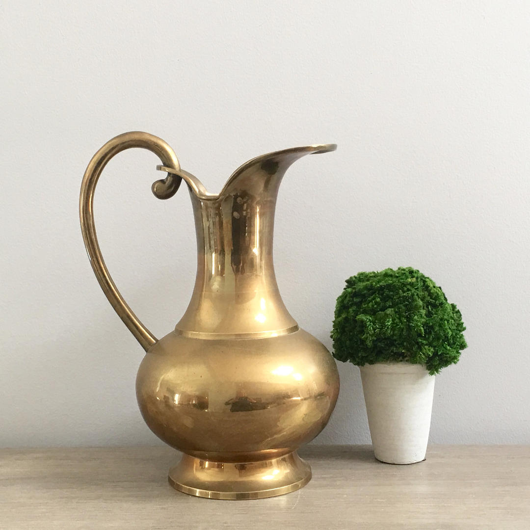 Large Brass Pitcher Solid Heavy Brass Vase French Country Modern Mod