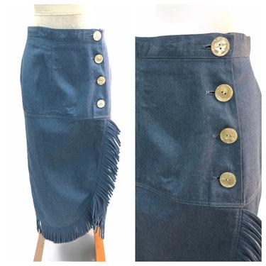 Vintage VTG 1980s 80s Denim Lightwash Fringe Fringed Midi Skirt 