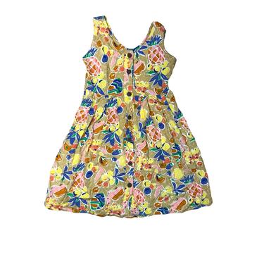 90s Pineapple Button Down Mini Dress // Peach Yellow Tan Blue Green // Pineapple Moon // Size Small 
