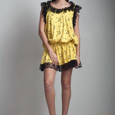 vintage 80s frilly mini dress drop waist yellow black lace low back ONE SIZE S M L small medium large 