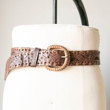 1970s Belt Tooled Brown Leather Boho L 