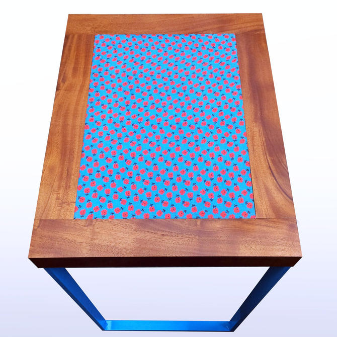 Vintage Floral Fabric And Wood Side Table With Blue Steel Base Unique Accent Table Modern From Lucas Ahlstrand Custom Furniture Of Oakland Ca Attic