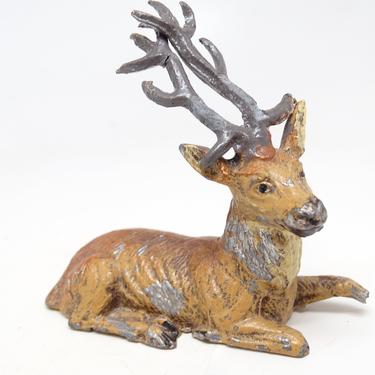 Antique German Metal Reindeer Hand Painted, Toy Lead Deer for Christmas Putz or Nativity Creche 