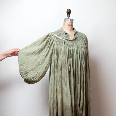 1970s Ombre Moss Green Gauze Dress 