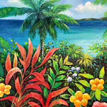 Vintage Art - Large Tropical Canvas Art - Seaside Landscape Art - Palm Trees - Yellow and Pink Hibiscus 