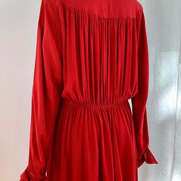 1940-50s Rayon Dress - Vivid Red Fabric - Interesting Back Yoke Gathered Detail - Gathered Skirt - Size Medium to Large - 30 Inch Waist 
