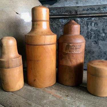Antique French Apothecary Bottles, Turned Wood Bottle Cases, Set of 4 