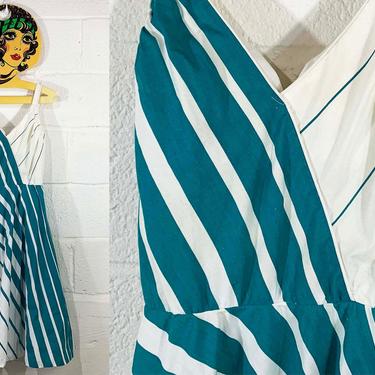 Vintage Dash-About Sundress Striped Sun Dress Strappy Spaghetti Straps White Blue Green 1970s 70s Sleeveless Boho Midi Summer XS XXS Small 