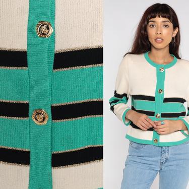 Cream Sweater Striped 90s Cardigan Green Acrylic Knit Sweater Button Up Vintage Slouchy Preppy Gold Button Small 