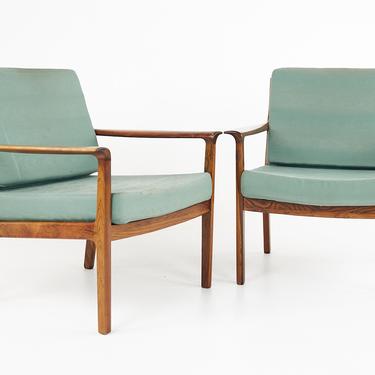 Frederick Kayser Style Mid Century Rosewood Easy Lounge Chairs - Pair - mcm 
