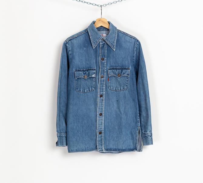 Vtg 70s Levi's Orange Tab Chambray Work Shirt Sky Blue