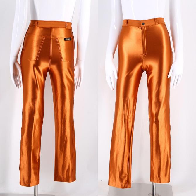 DISCO Pants. High Waist satin Vintage 70s boho Copper Shiny Spandex  stretchy dress pants