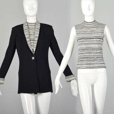 XS, Small St. John Evening Jacket Shell Black White Sequins Knit Rhinestone Buttons 