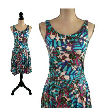 Rayon Jersey Knit Summer Dress Women XS Small, Sleeveless Midi Fit & Flare, Tropical Batik Leaf Print with Keyhole Back from Cynthia Rowley 