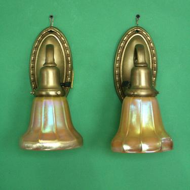 Cast Brass Wall Sconces with Steuben Glass Shades #1244 