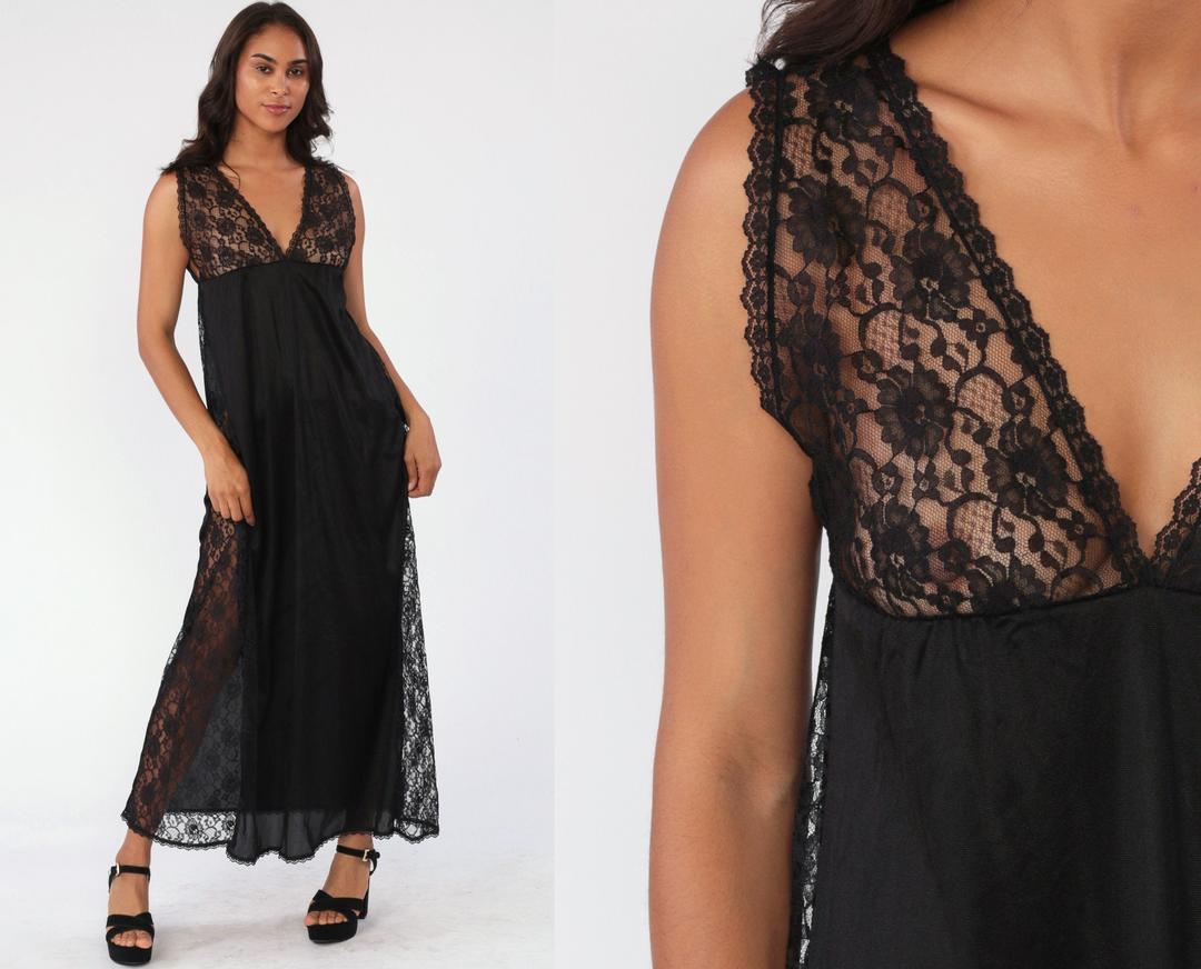 Black Nightgown Slip Dress 80s Maxi LACE Boho SHEER Lingerie Shop