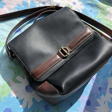 Vintage 90s Liz Claiborne Purse, Faux Leather Shoulder Bag in Black with Brown Details, Button Closure 3 Compartment, Adjustable Strap 