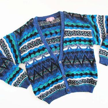 Vintage 90s Coogi Style Cardigan L XL - 1990s Blue Black Aztec Geometric Baggy Cardigan - Oversized Slouchy Chevron Cardigan Sweater 
