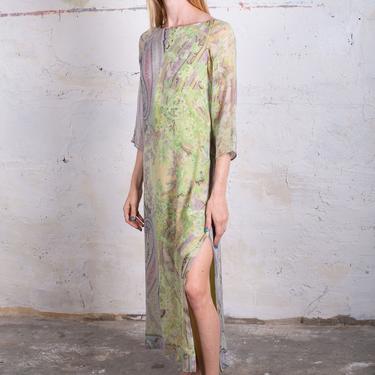 Vintage ETRO Pastel Paisley Print Silk Watercolor Dress with Smocked Back and Side Slits Sheer Sleeves Maxi Smocking S M Abstract 