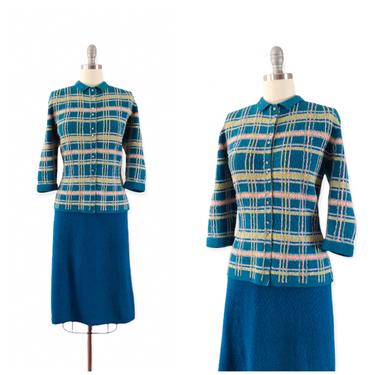 40s Teal Blue Knit Sweater Wool Set / 1940s Vintage Blouse &amp; Skirt / Medium to Large 