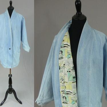 80s 90s Bebe Furrrina Jean Coat w/ Comic Strip Lining - Jean Jacket - Vintage 1980s 1990s - L 