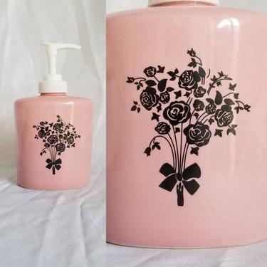 Vintage Pink Soap Dispenser / Black Floral Dispenser / Retro Pink Bathroom Decor / Vintage Soap Pump 