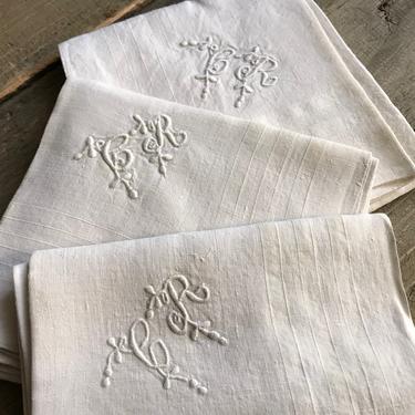 French Mens Handkerchief Set, Fine White Linen, Set of 10, Hand Embroidered Monogram C R 
